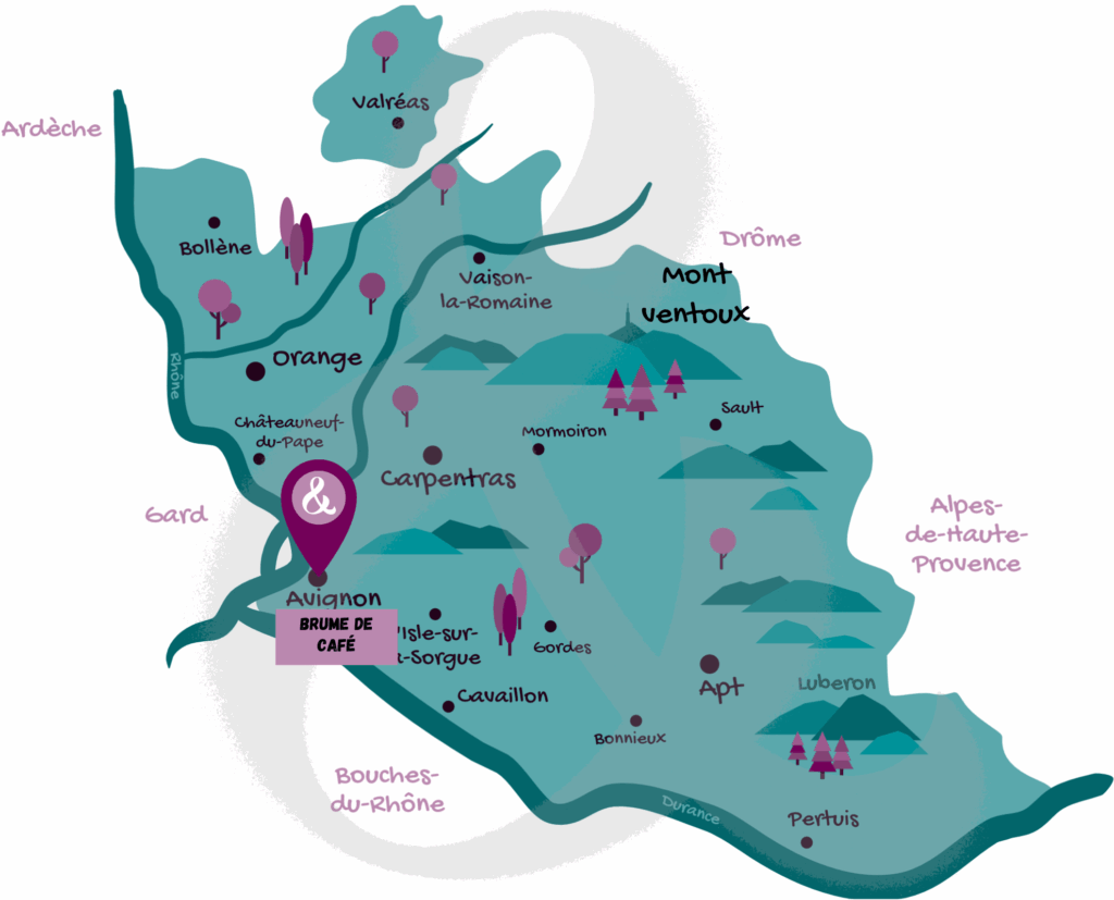 Carte du Vaucluse avec un marqueur sur Avignon là où Brume de café produit ses cafés de spécialité