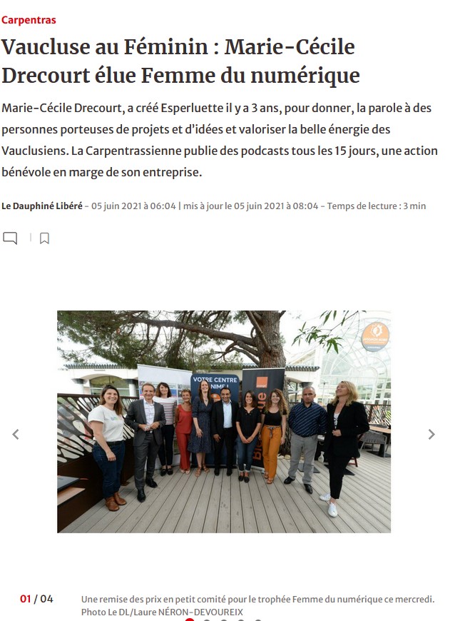 Marie-Cécile Drécourt élue
Femme du Numérique -
Vaucluse au féminin - 2021
